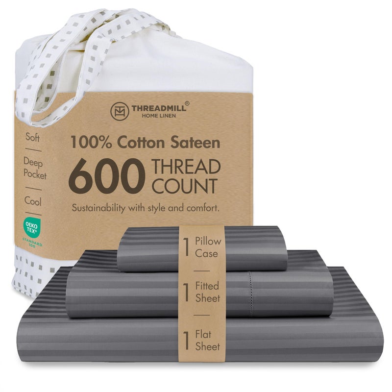 Threadmill 100% Cotton Sheets for Twin XL Size Bed - 600 Thread Count Twin XL Bed Sheets Set with 15â€ Deep Pocket - Damask Stripe Sateen Weave 3-Piece Bedding Set with Cooling Effect, Dark Grey - Image 1